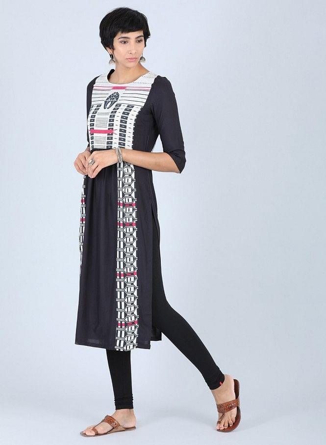Black Round Neck Gathered kurta - wforwoman