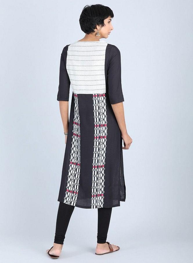 Black Round Neck Gathered kurta - wforwoman