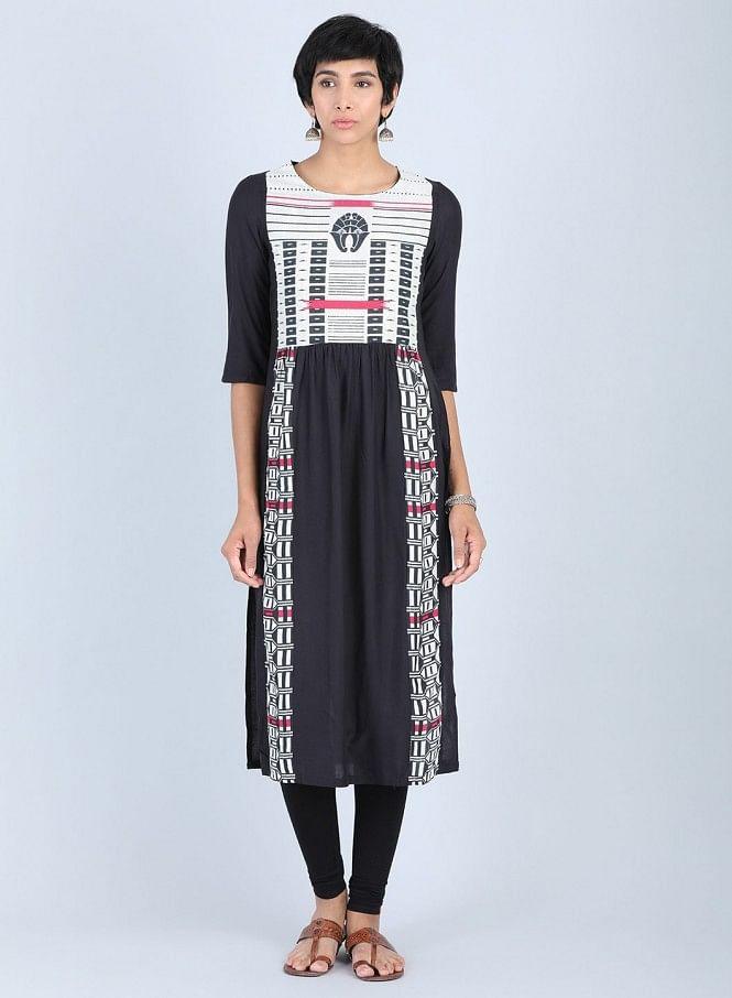 Black Round Neck Gathered kurta - wforwoman