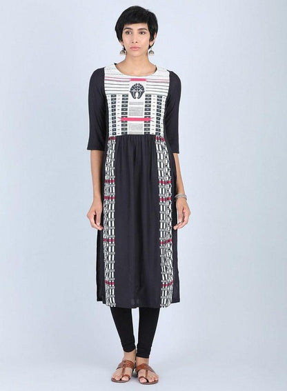 Black Round Neck Gathered kurta - wforwoman