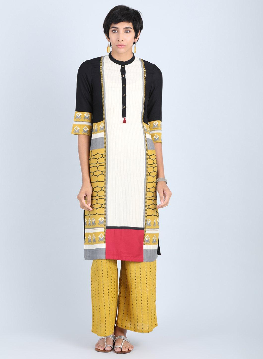 Off White &amp; Yellow Mandarin Neck Straight kurta - wforwoman