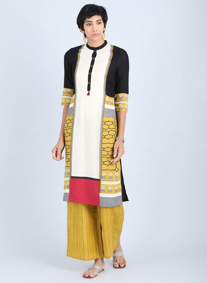 Off White &amp; Yellow Mandarin Neck Straight kurta - wforwoman