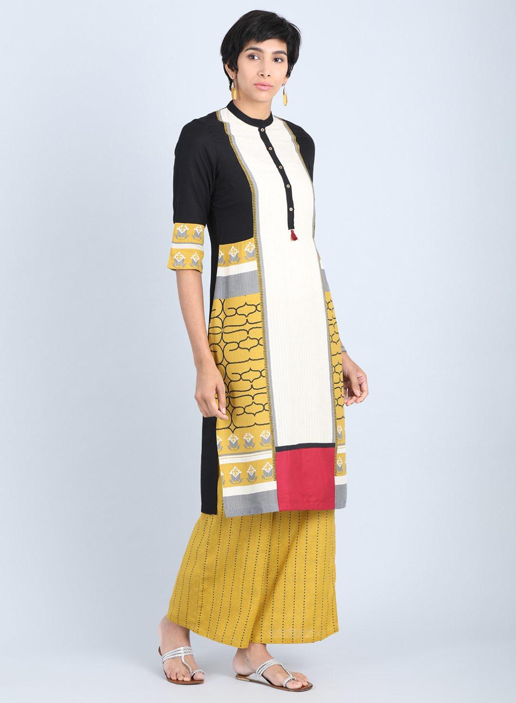 Off White &amp; Yellow Mandarin Neck Straight kurta - wforwoman