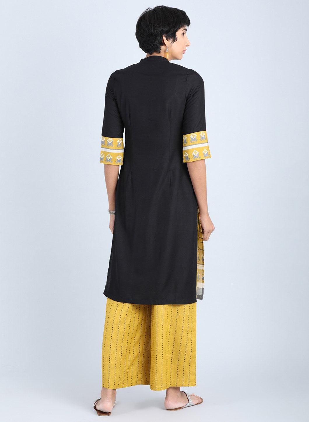Off White &amp; Yellow Mandarin Neck Straight kurta - wforwoman