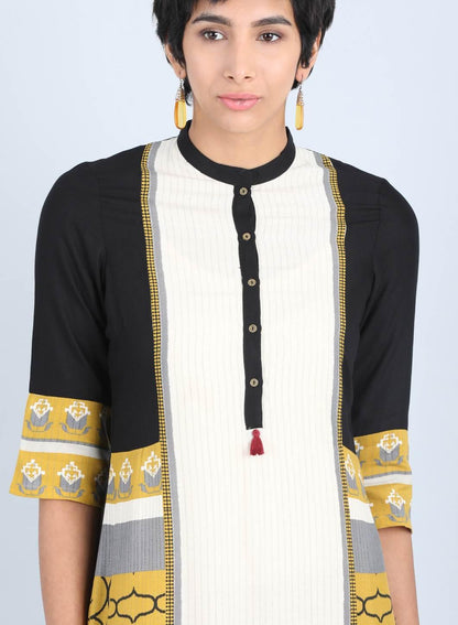 Off White &amp; Yellow Mandarin Neck Straight kurta - wforwoman