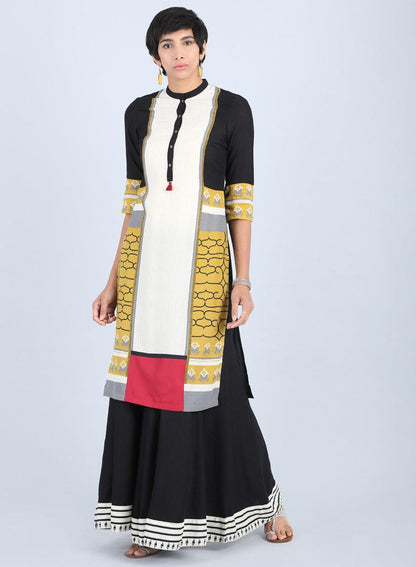 Off White &amp; Yellow Mandarin Neck Straight kurta - wforwoman
