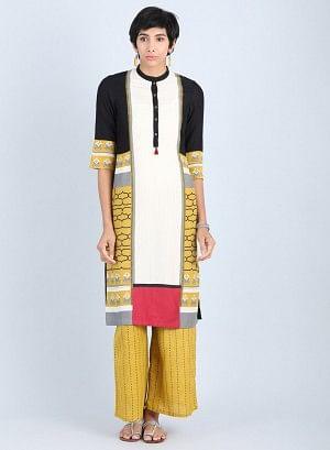 Off White &amp; Yellow Mandarin Neck Straight kurta - wforwoman