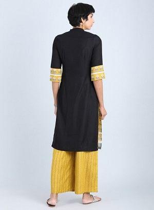 Off White &amp; Yellow Mandarin Neck Straight kurta - wforwoman