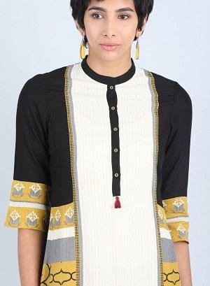 Off White &amp; Yellow Mandarin Neck Straight kurta - wforwoman