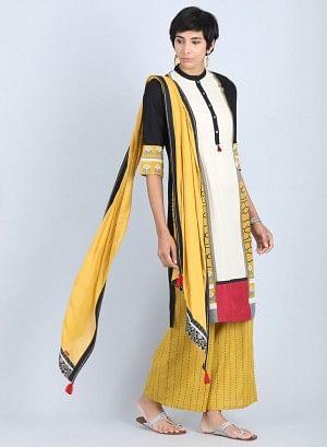 Off White &amp; Yellow Mandarin Neck Straight kurta - wforwoman