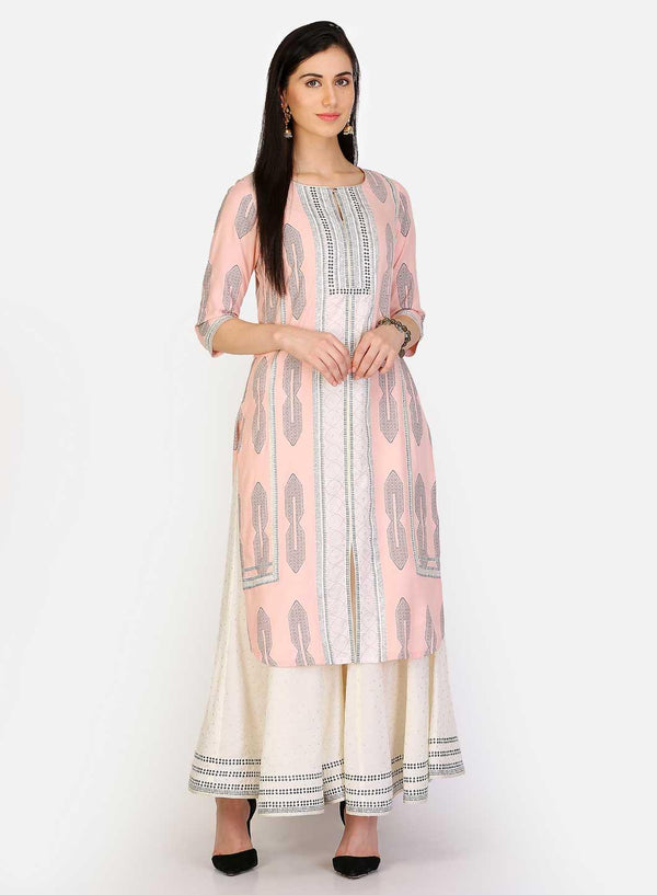 Pink Round Neck Embellished kurta