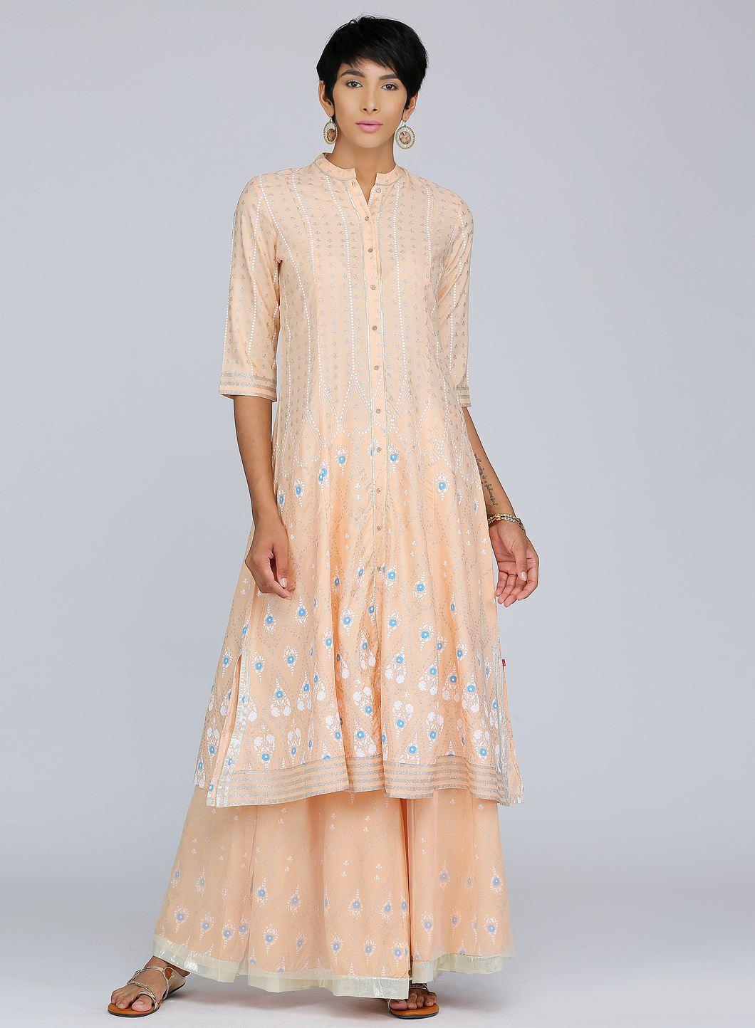 Peach Mandarin Neck Printed kurta - wforwoman