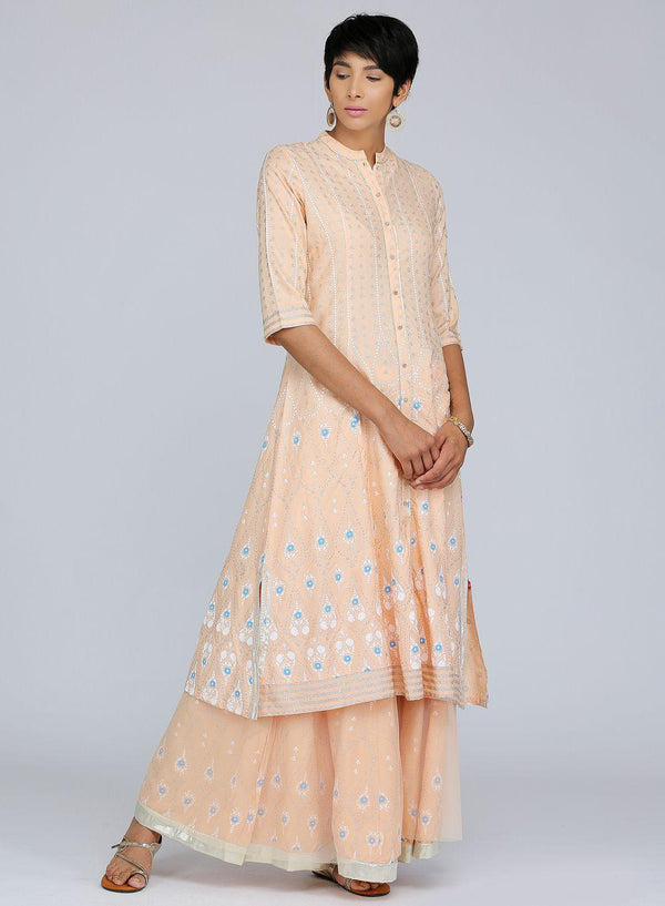 Peach Mandarin Neck Printed kurta