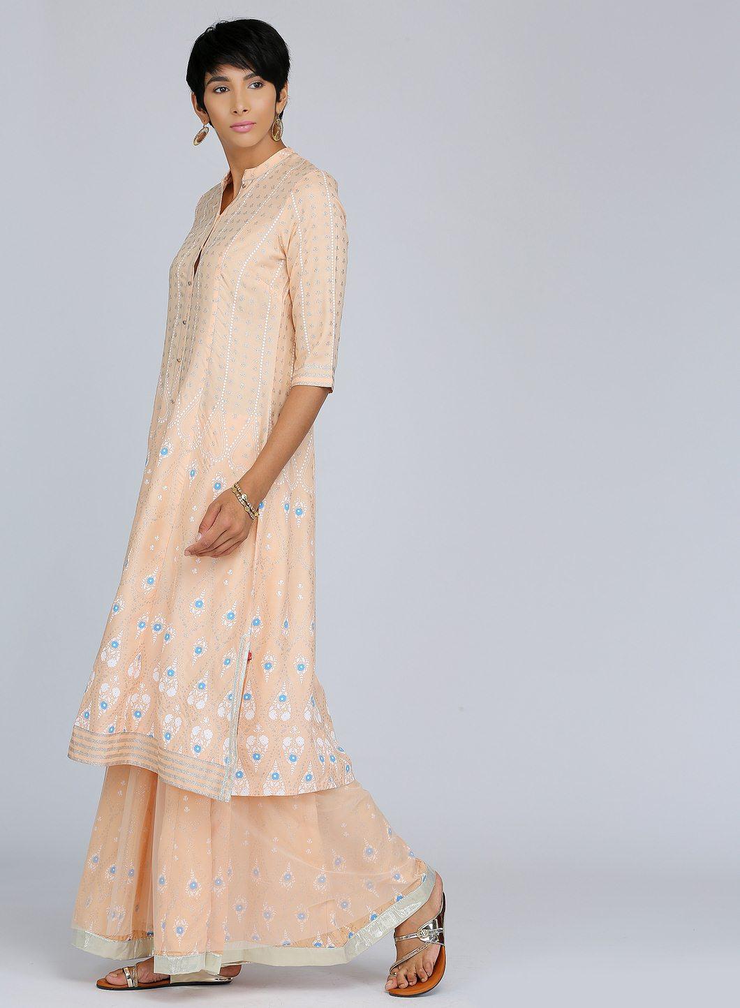 Peach Mandarin Neck Printed kurta - wforwoman