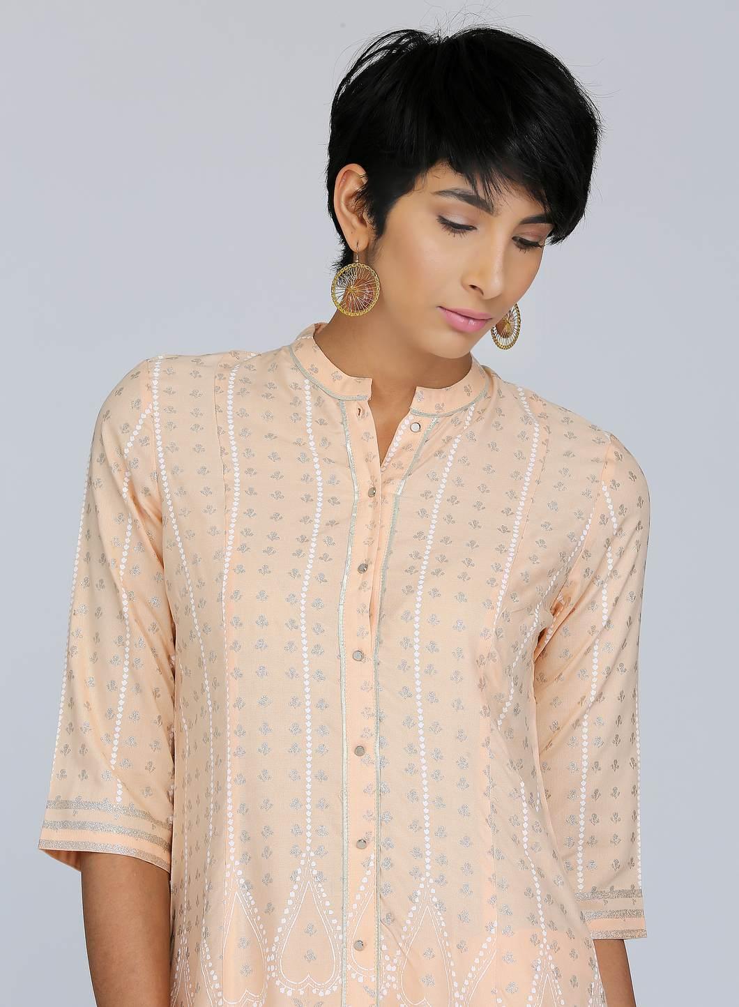 Peach Mandarin Neck Printed kurta - wforwoman