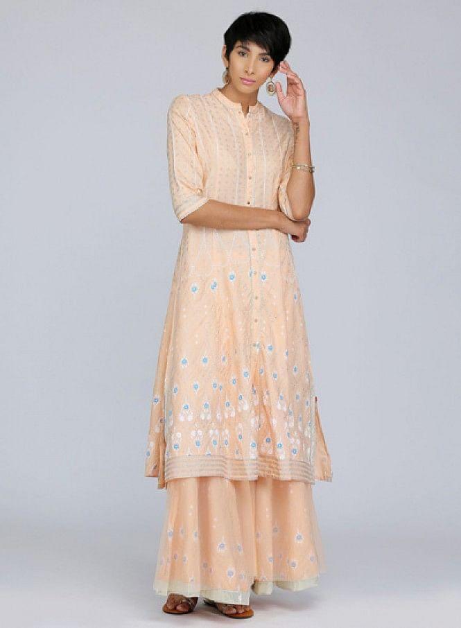 Peach Mandarin Neck Printed kurta - wforwoman