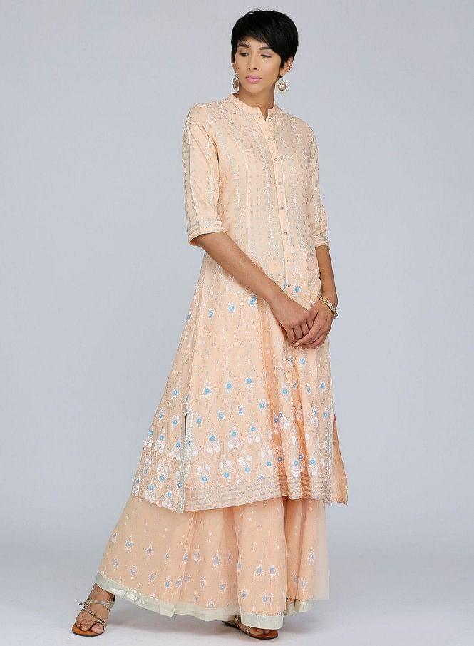 Peach Mandarin Neck Printed kurta - wforwoman
