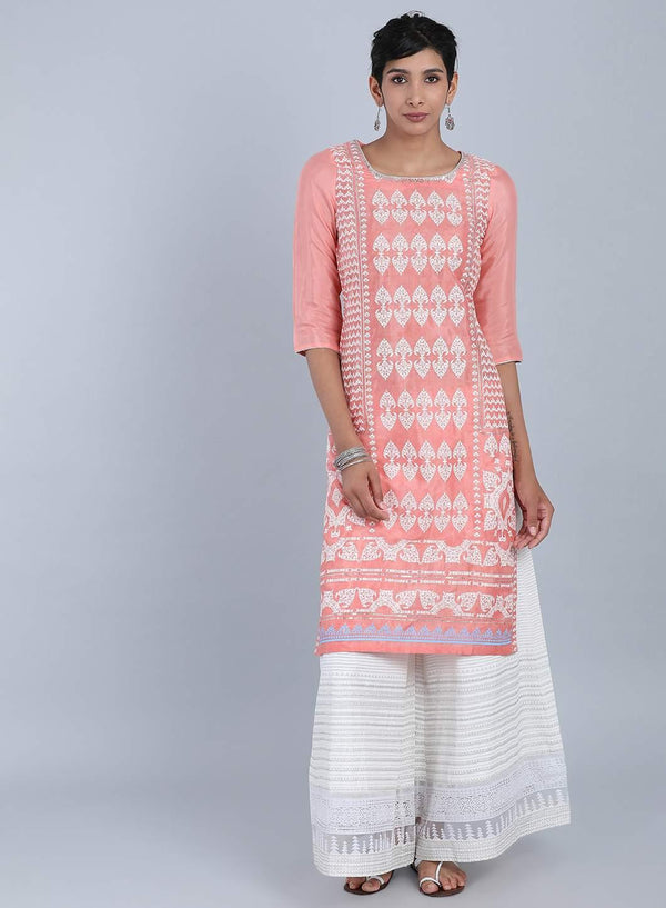 Pink Round Neck Printed kurta
