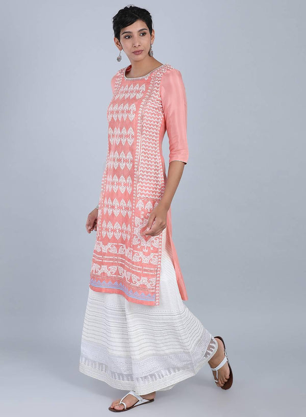 Pink Round Neck Printed kurta