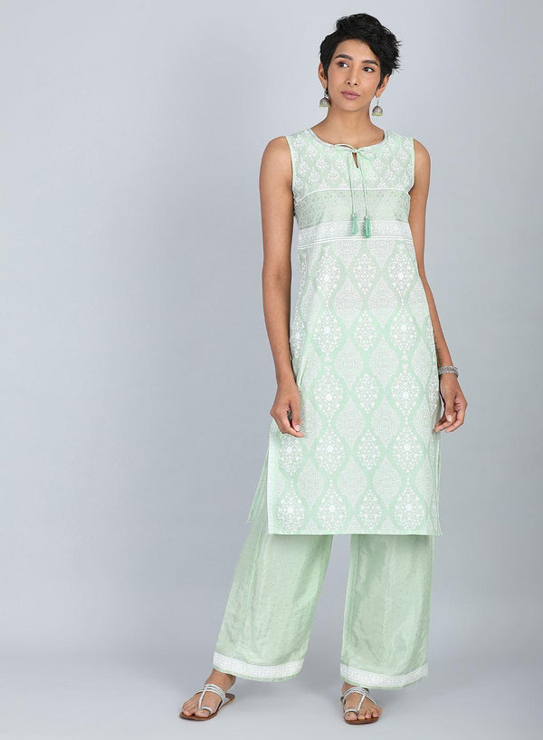 Green Round Neck Tie-Up kurta