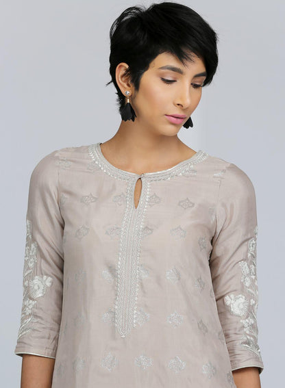Grey Round Neck Printed kurta - wforwoman