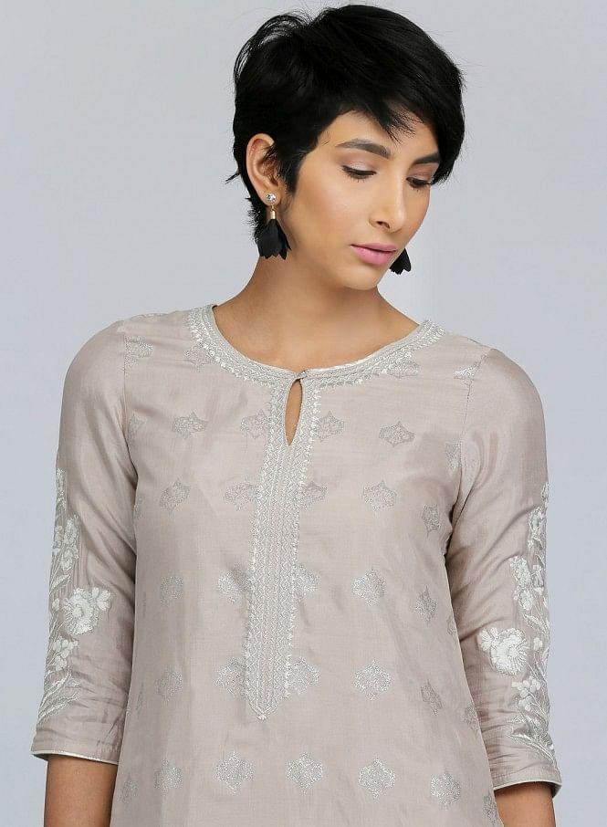 Grey Round Neck Printed kurta - wforwoman