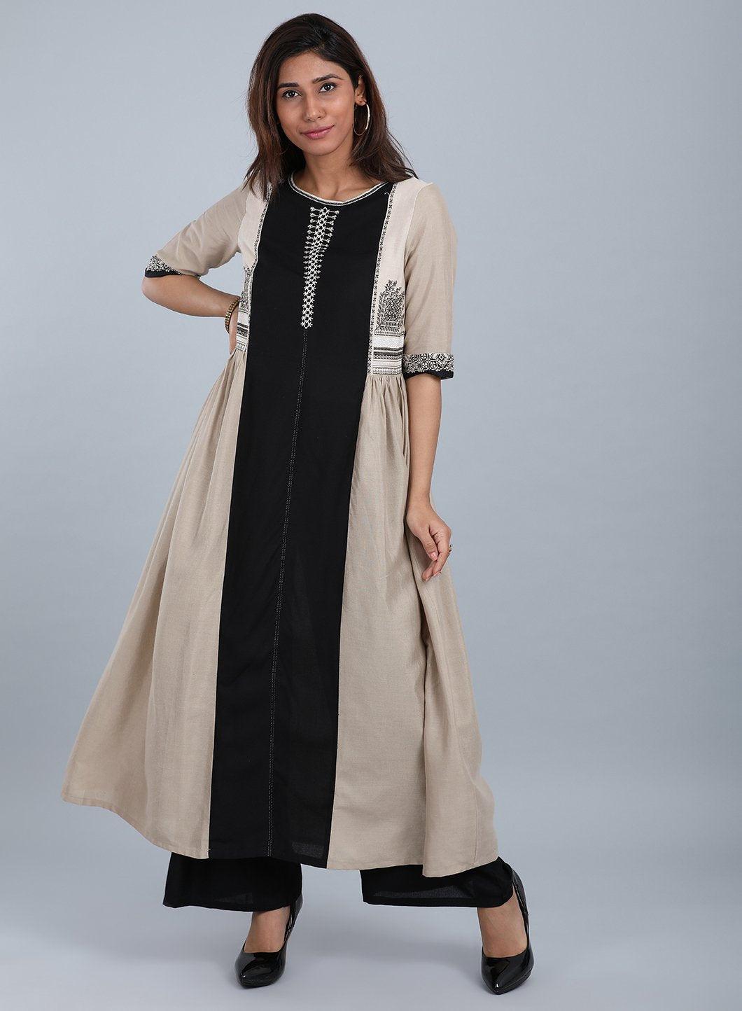 Khaki Round Neck Solid kurta - wforwoman