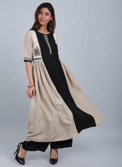 Khaki Round Neck Solid kurta - wforwoman