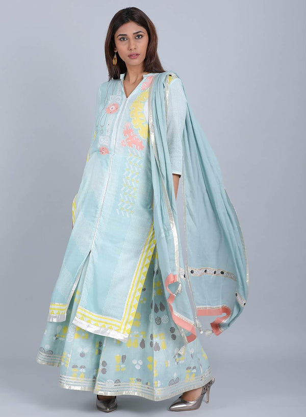 Blue Mandarin Neck Printed kurta