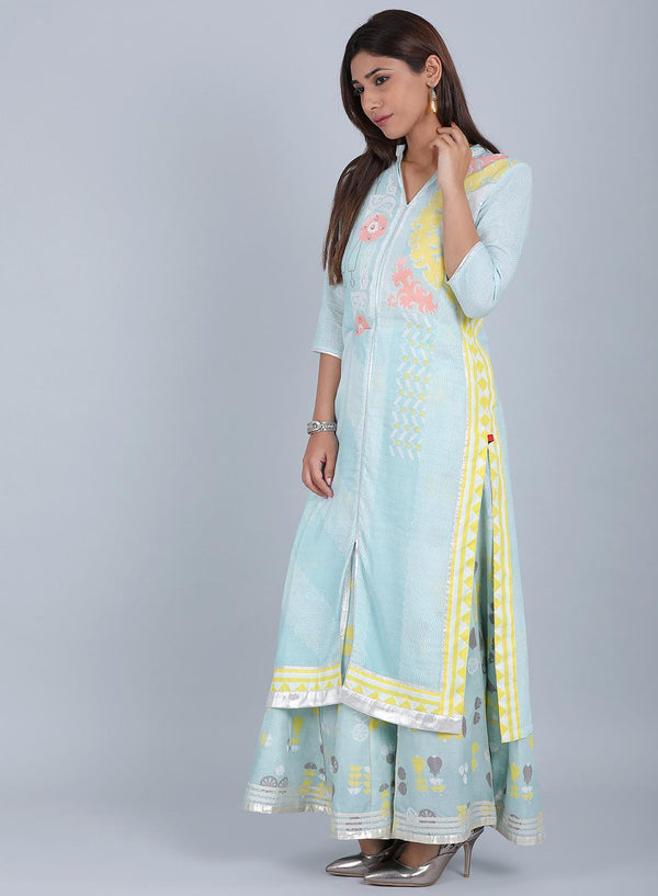 Blue Mandarin Neck Printed kurta