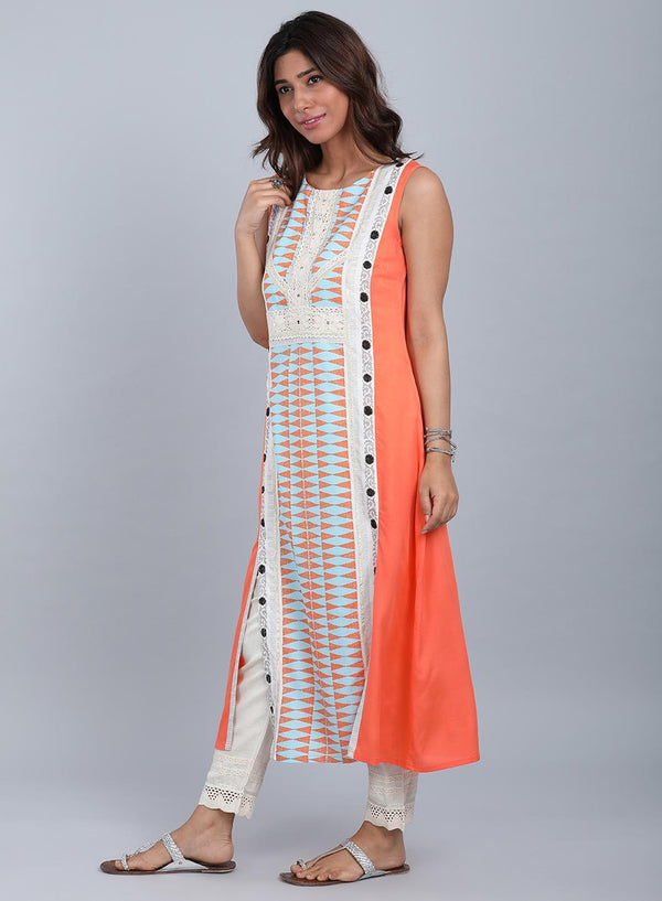 Orange Round Neck Printed kurta