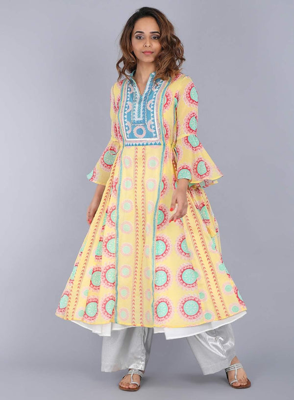 Yellow Mandarin Neck Printed kurta