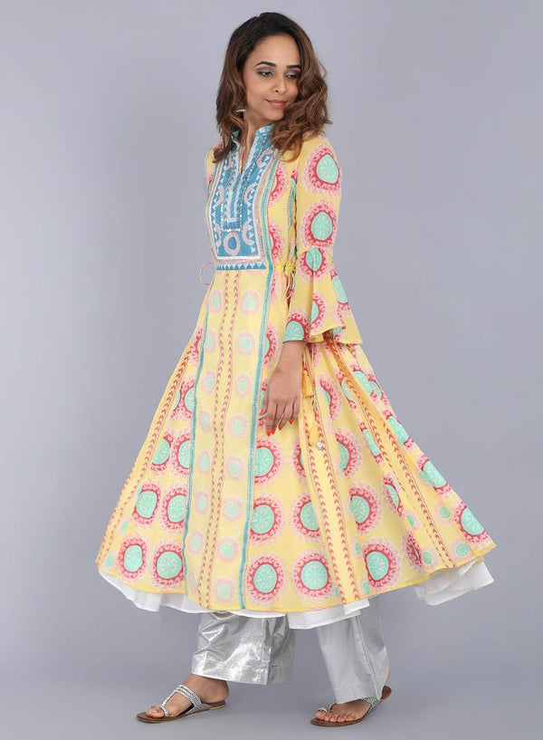 Yellow Mandarin Neck Printed kurta