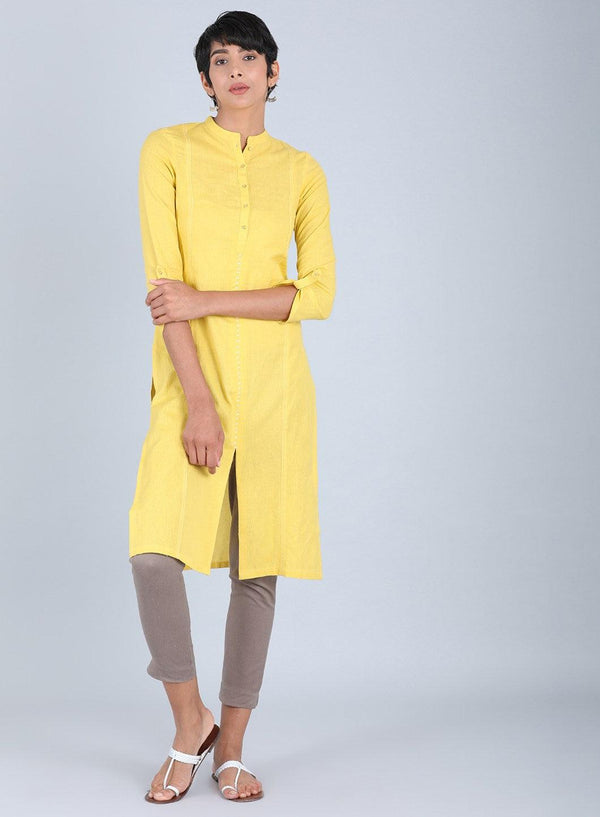 Yellow Mandarin Neck Solid kurta