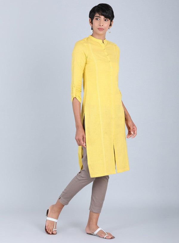 Yellow Mandarin Neck Solid kurta