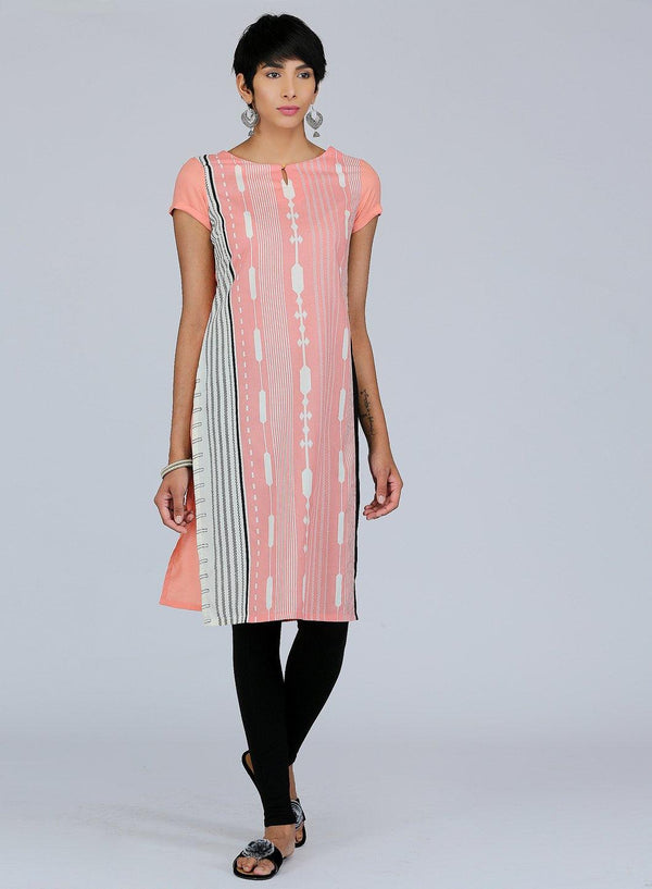 Peach Round Neck Printed kurta