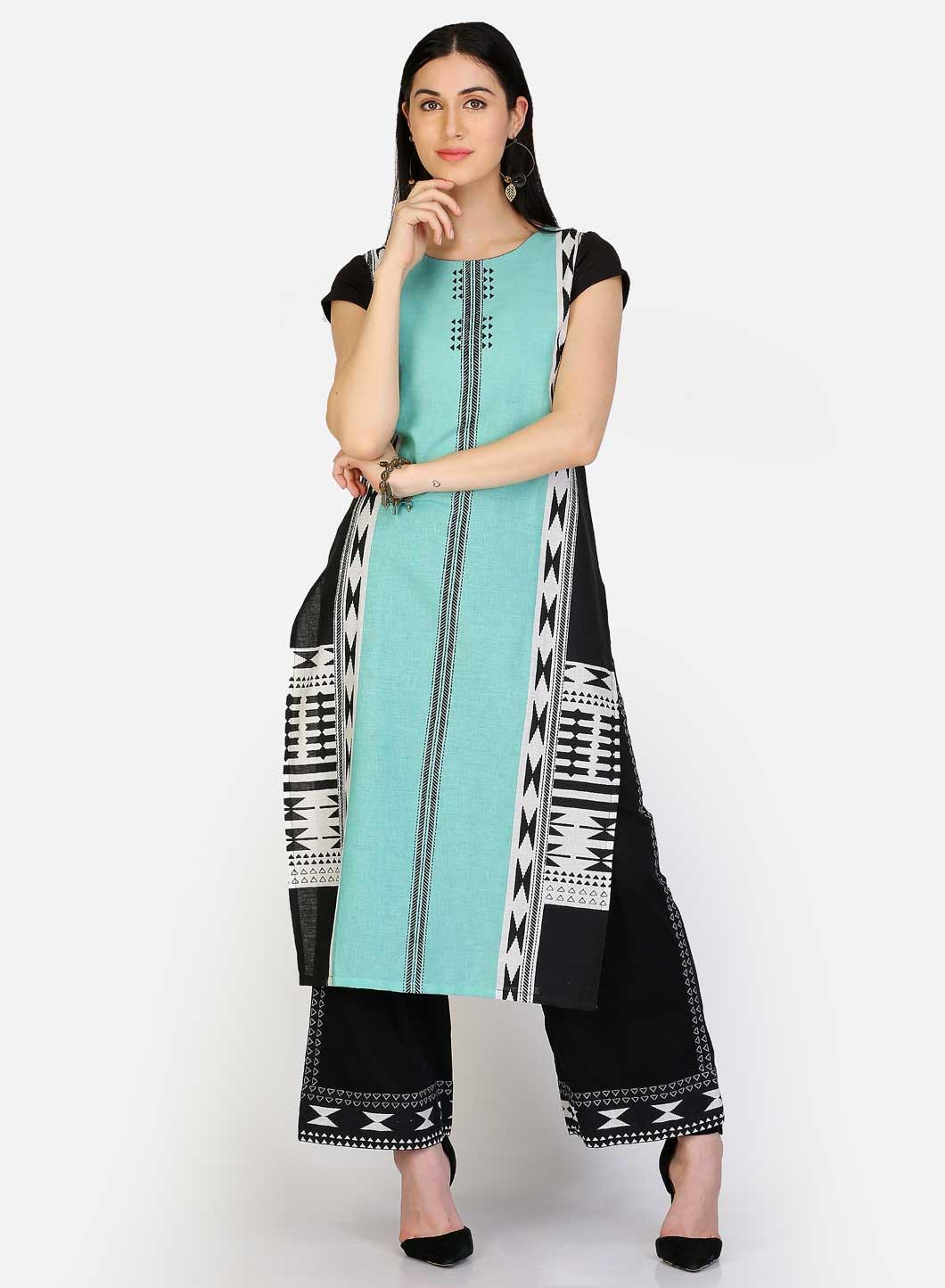 Green &amp; Black Round Neck kurta - wforwoman