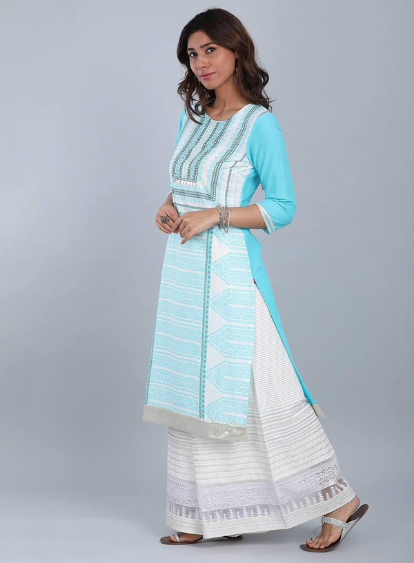 Blue Round Neck Printed kurta