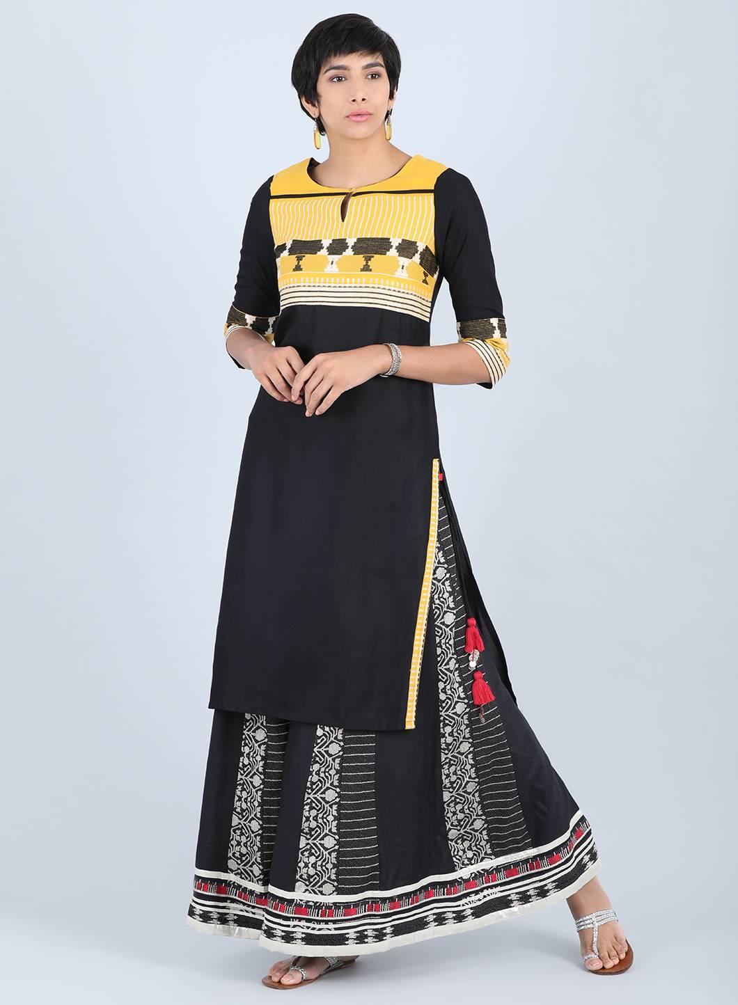 Black Round Neck Straight kurta - wforwoman