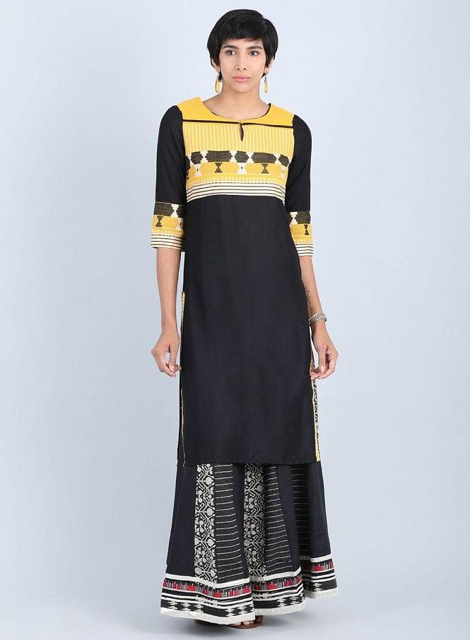 Black Round Neck Straight kurta - wforwoman