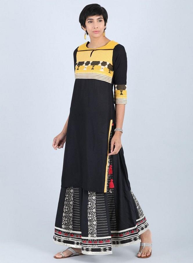 Black Round Neck Straight kurta - wforwoman