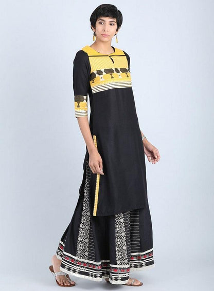 Black Round Neck Straight kurta - wforwoman