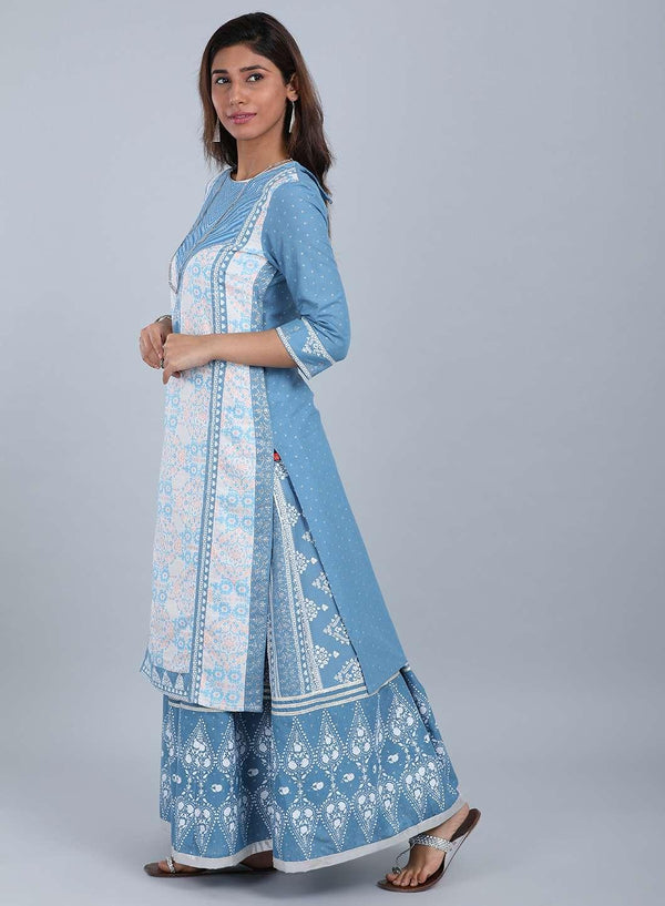 White & Blue Round Neck Printed kurta