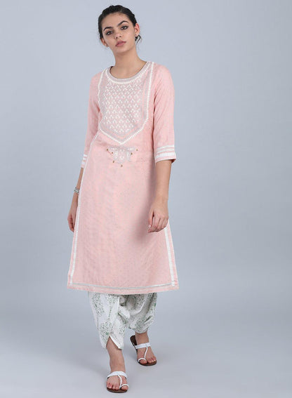 Peach Round Neck Embellished kurta - wforwoman
