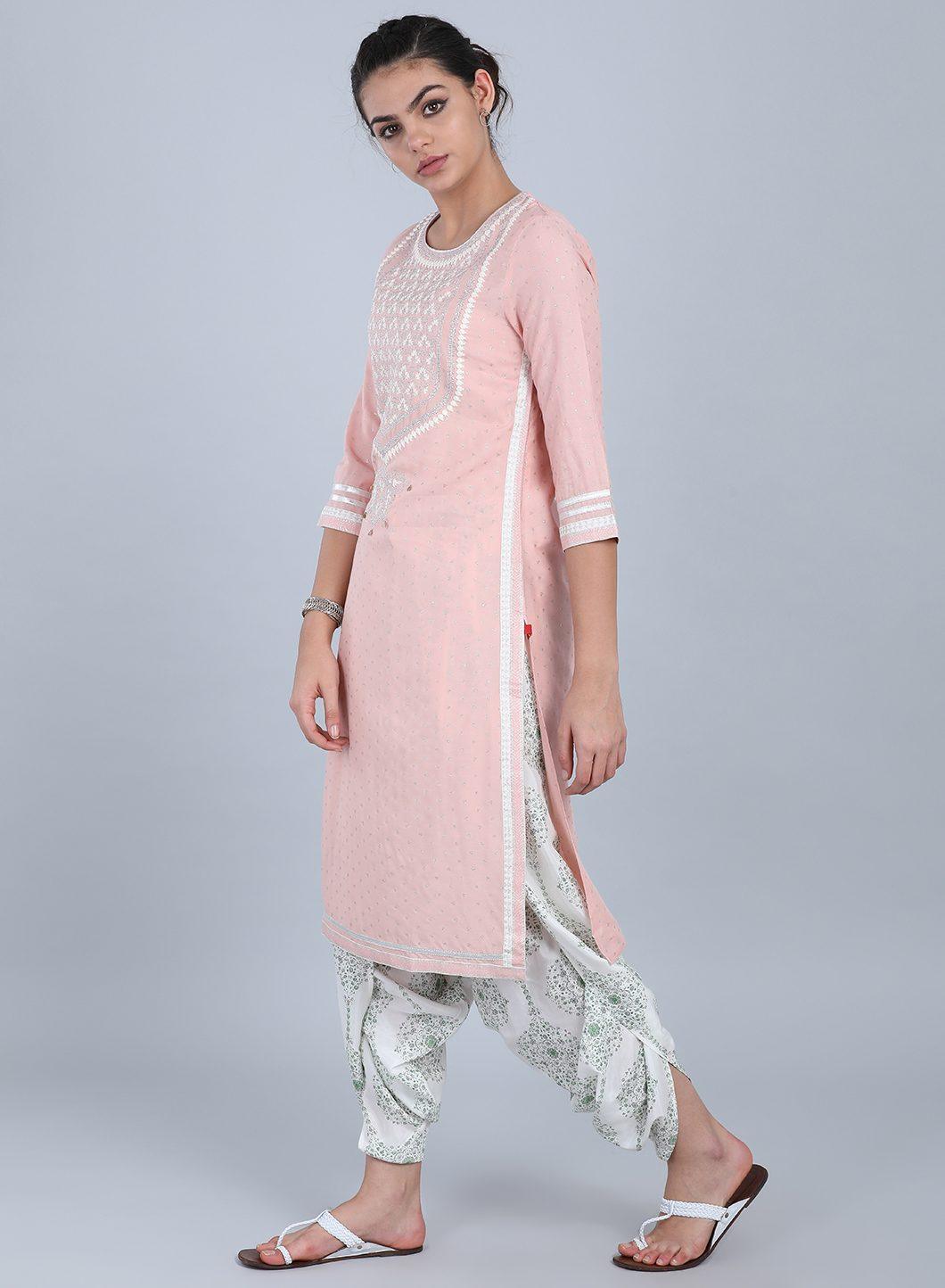 Peach Round Neck Embellished kurta - wforwoman