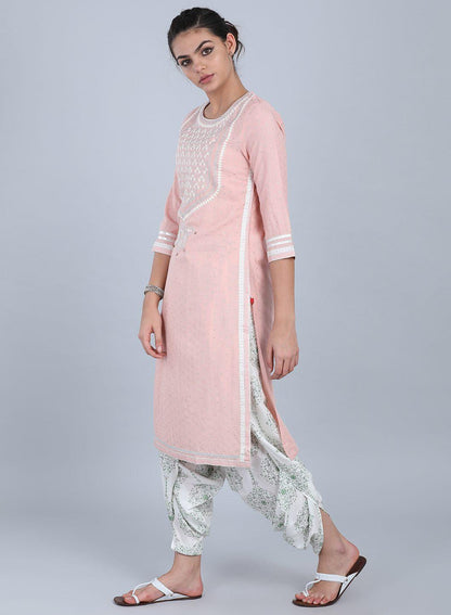 Peach Round Neck Embellished kurta - wforwoman