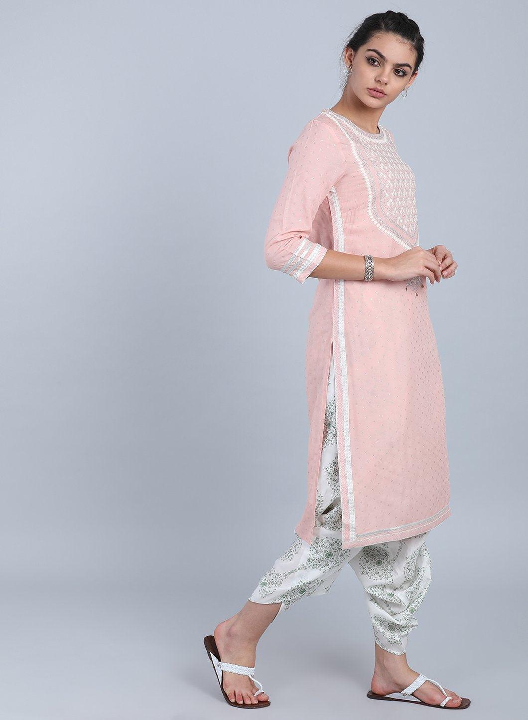Peach Round Neck Embellished kurta - wforwoman