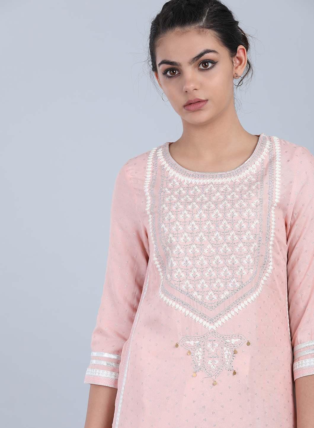 Peach Round Neck Embellished kurta - wforwoman