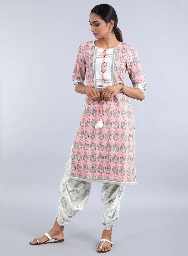 Peach Round Neck Printed kurta