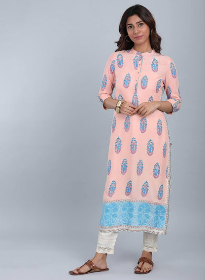 Peach Mandarin Neck Printed kurta - wforwoman